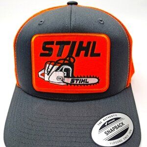 Stihl Embroidered Patch Trucker Mesh Snapback Hat Cap Hi-Vis Neon Orange